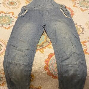 Free People Railroad Striped Light Denim Overalls 26 White Piping Side Zip